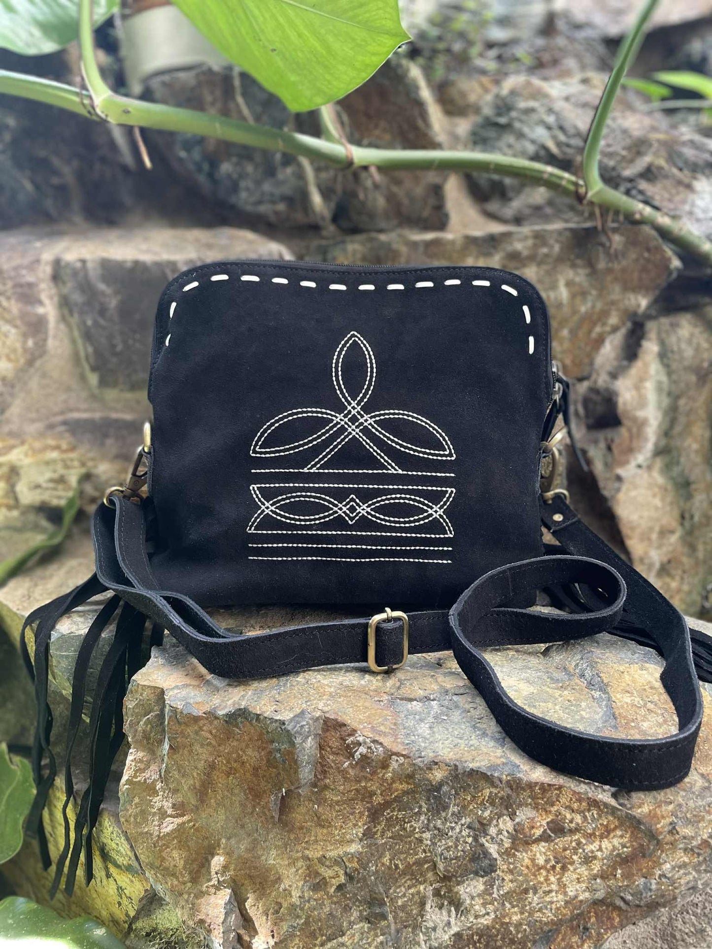 Boot Stitch Black Leather Bag with tassels