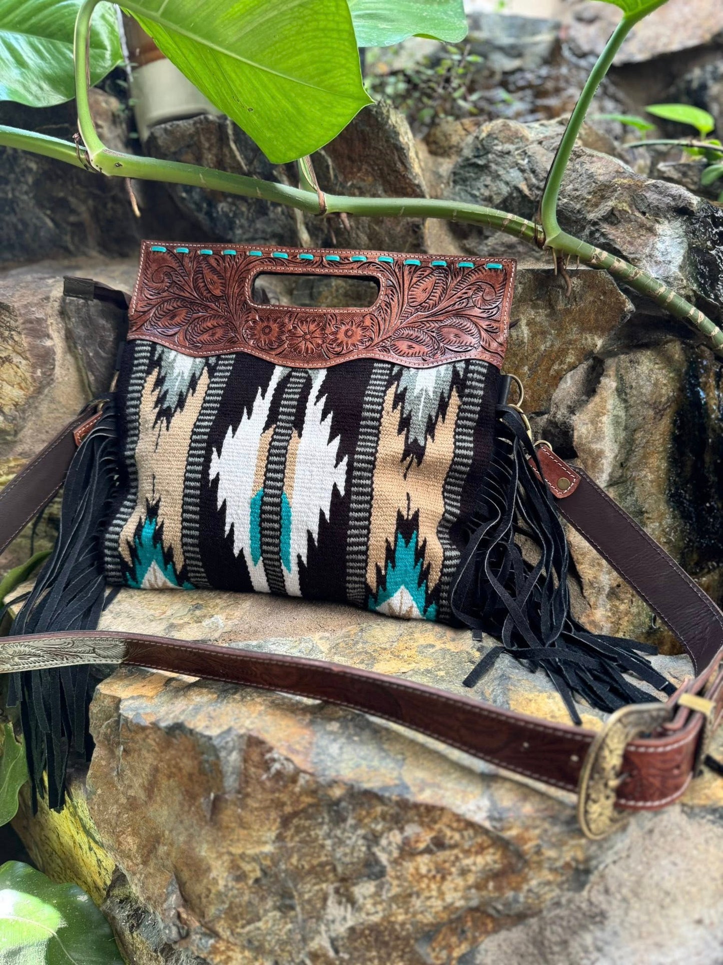 Aztec Saddle Blanket Hand Bag with Tooling