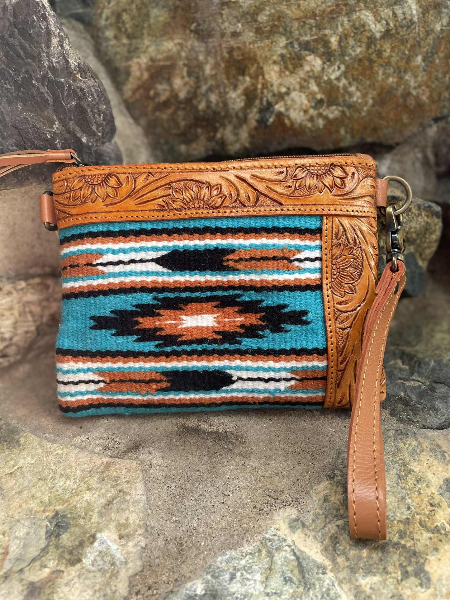 Aztec Saddle Blanket Wrist Purse with Tooling and Shoulder Strap