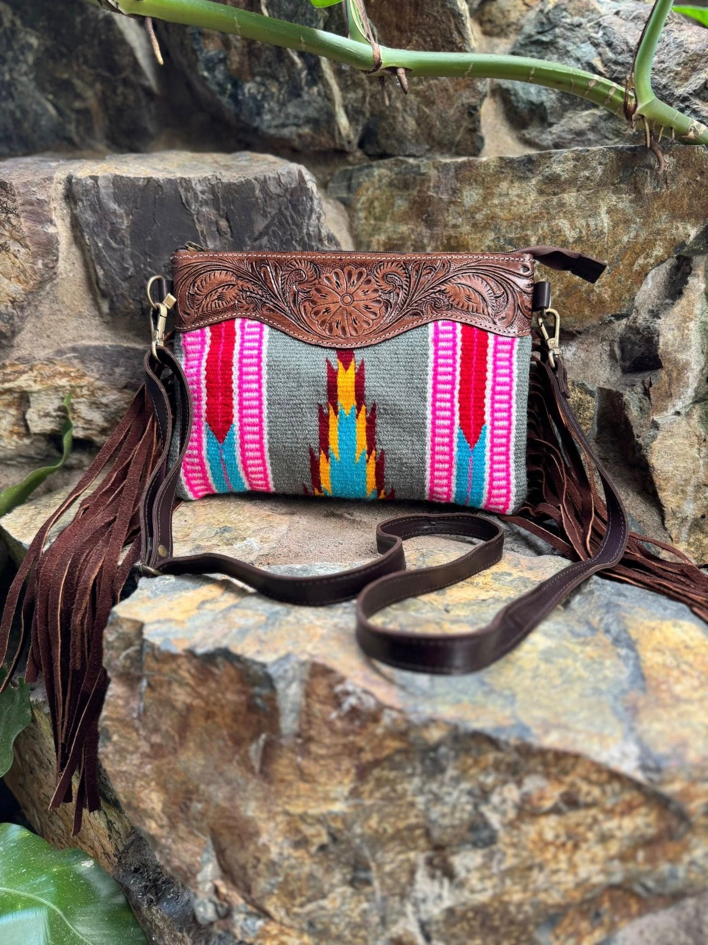 Aztec Saddle Blanket Handbag with Tooling and Tassels Blue