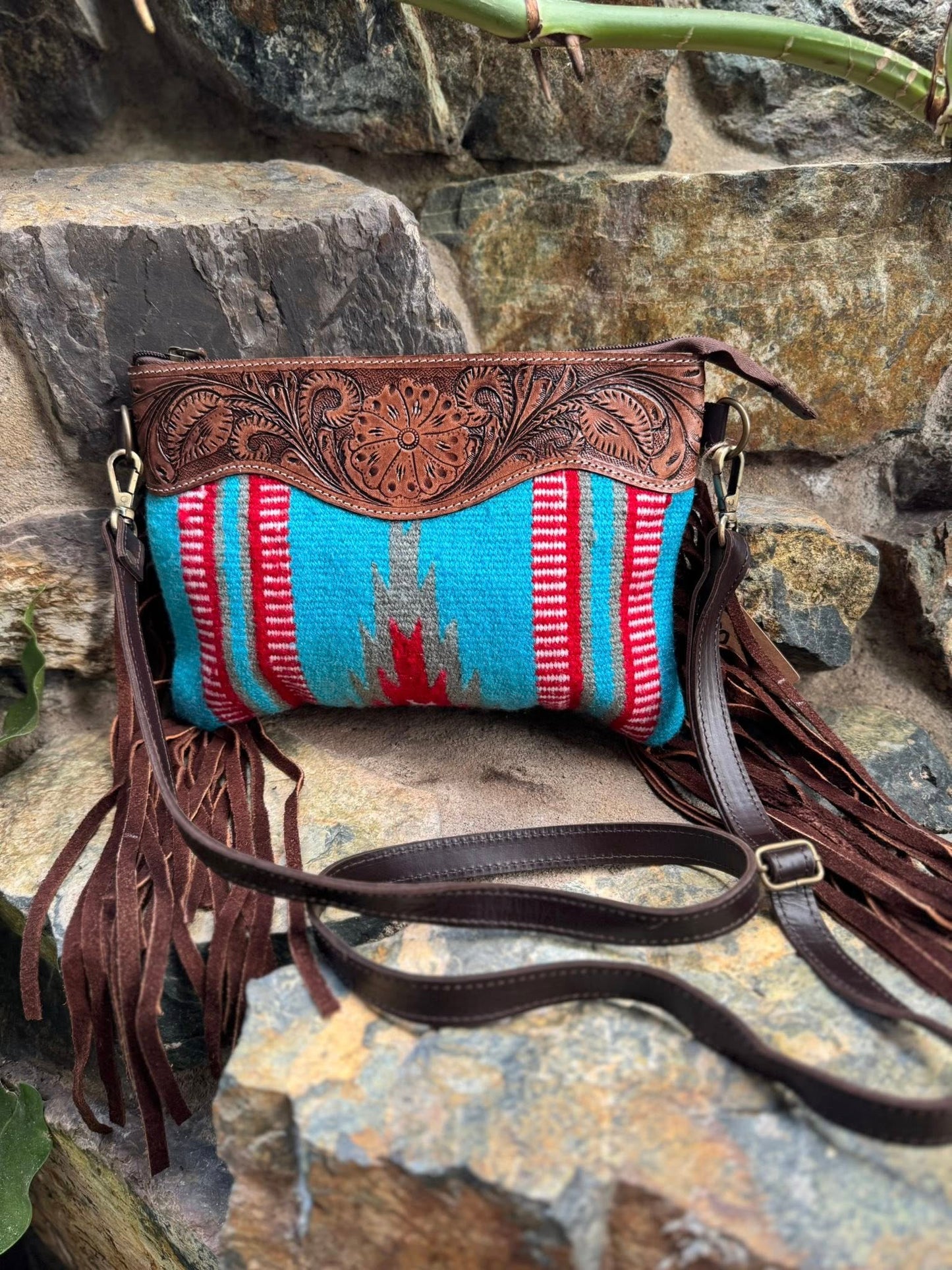 Aztec Saddle Blanket Handbag with Tooling and Tassels Pink