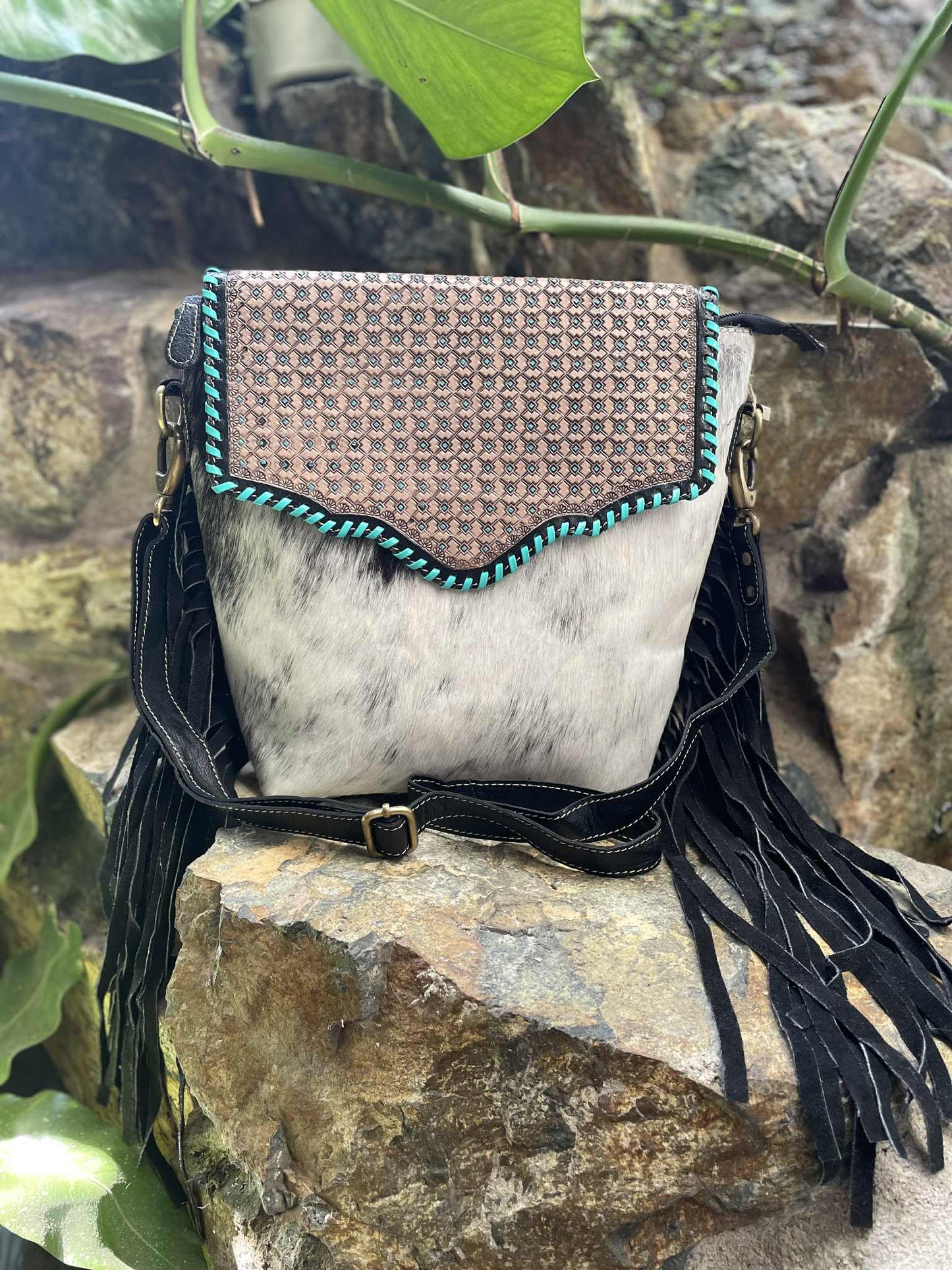 Black & White Cowhide and Tooled Leather Bag with tassels