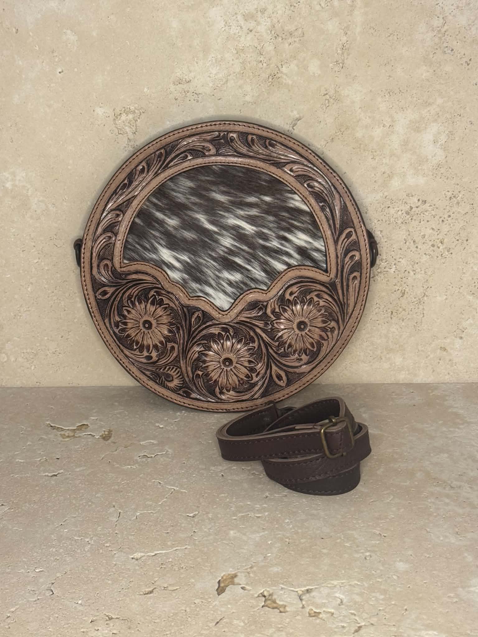 Medium Round Brown and White Cowhide Tooled Leather Hand Bag