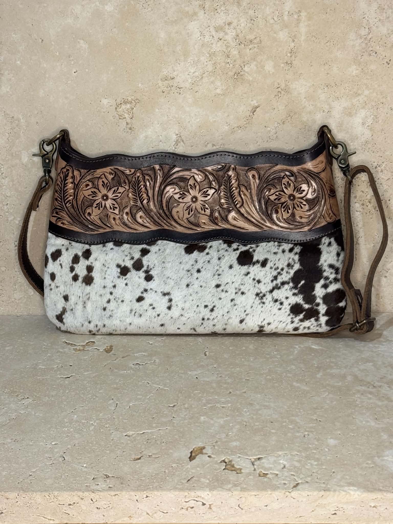 White Speckled Cowhide With Floral Tooling