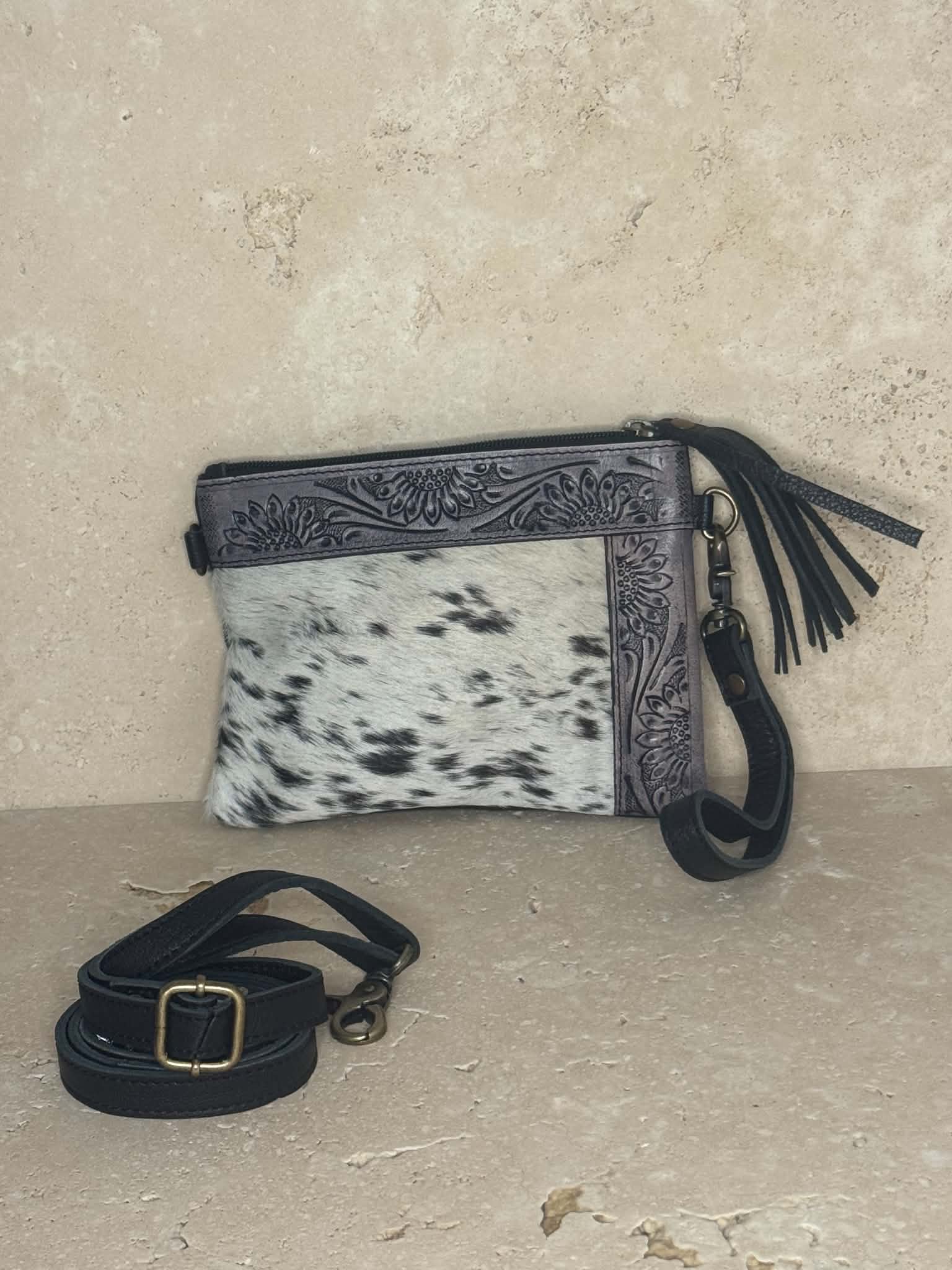 Black And White Cowhide Floral Tooled Leather Handbag