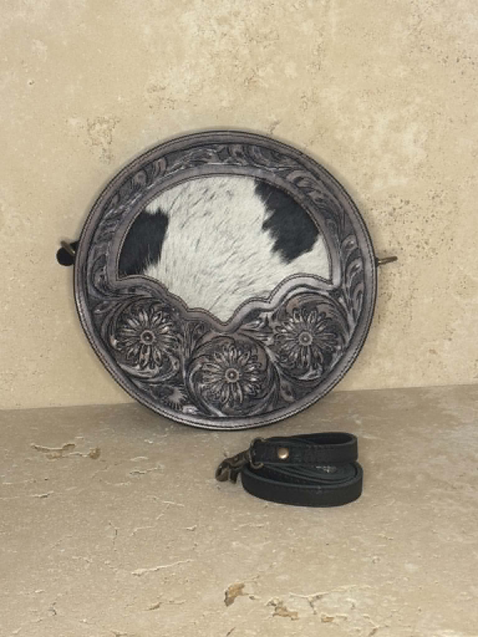 Medium Round Black and White Cowhide Tooled Leather Handbag