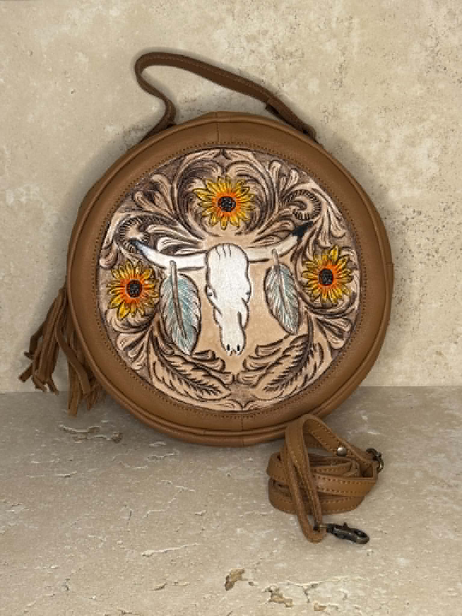 Tooled Bull Skull Tan Leather Handbag