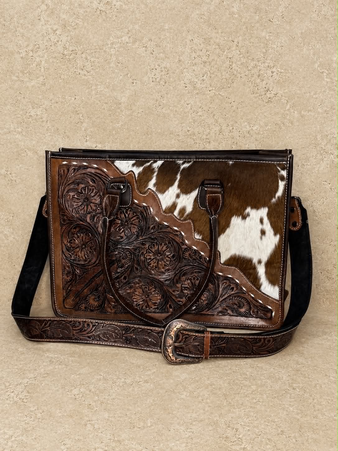 Diagonal Brown & White Tooled Leather & Cowhide Tote