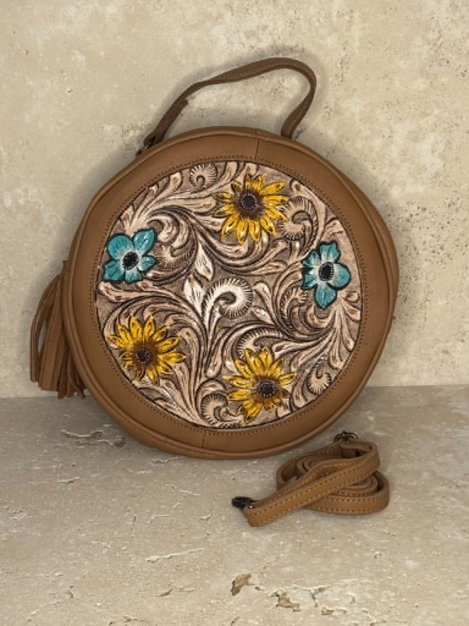 Floral Tooled Tan Leather Handbag