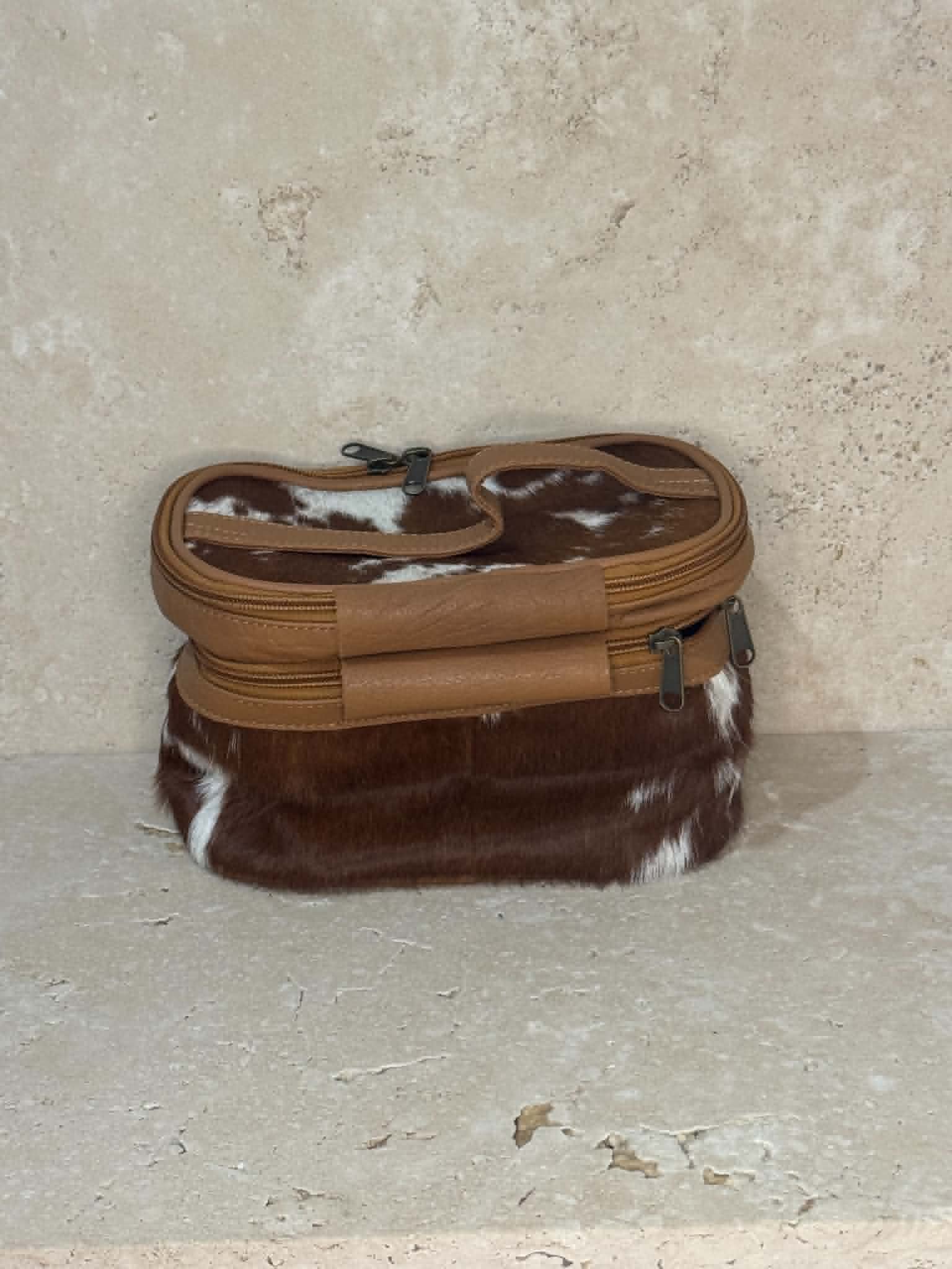 Brown And White Cowhide Dual Compartments Toiletry Bag