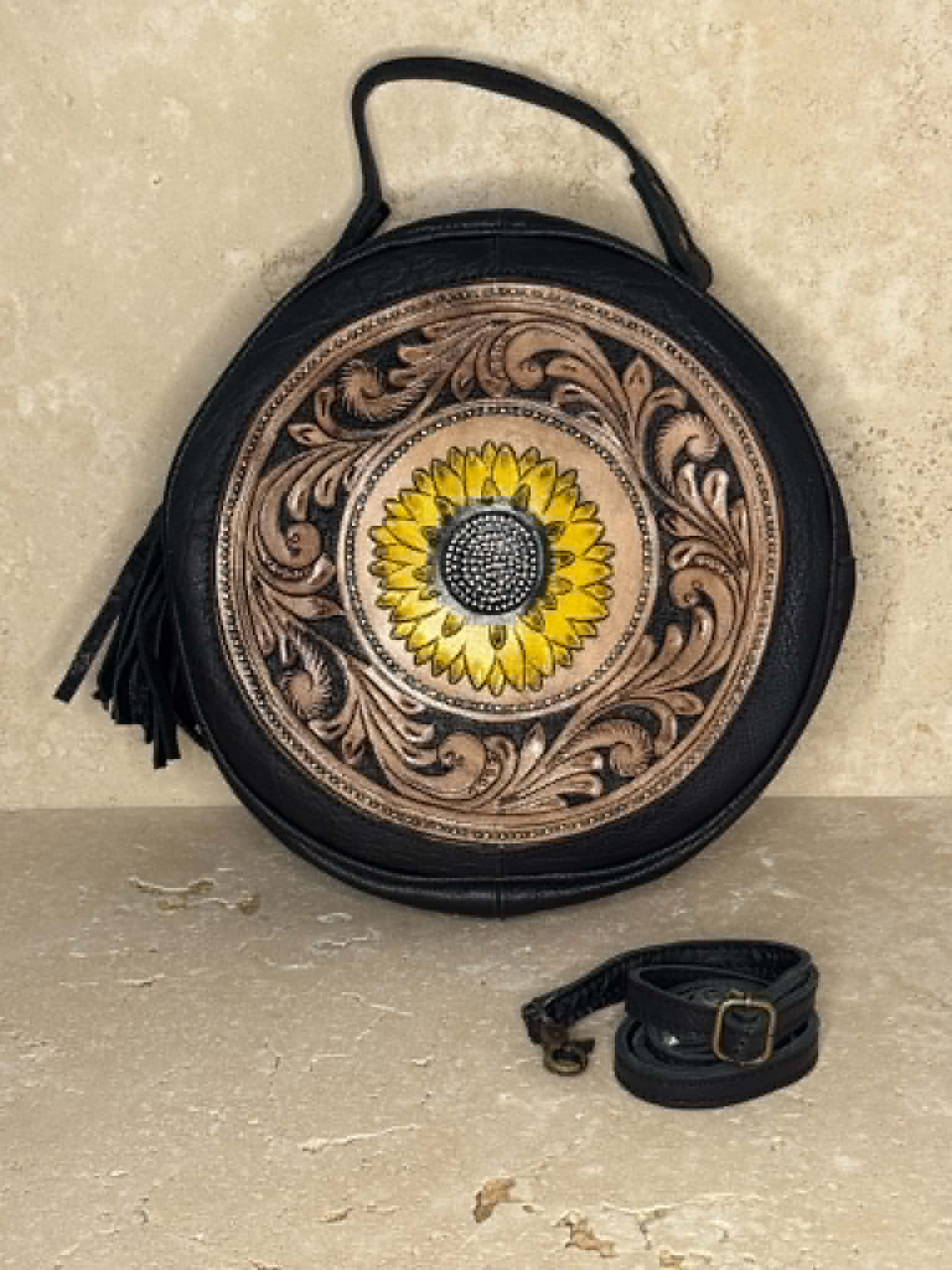 Tooled Sunflower Black Leather Handbag