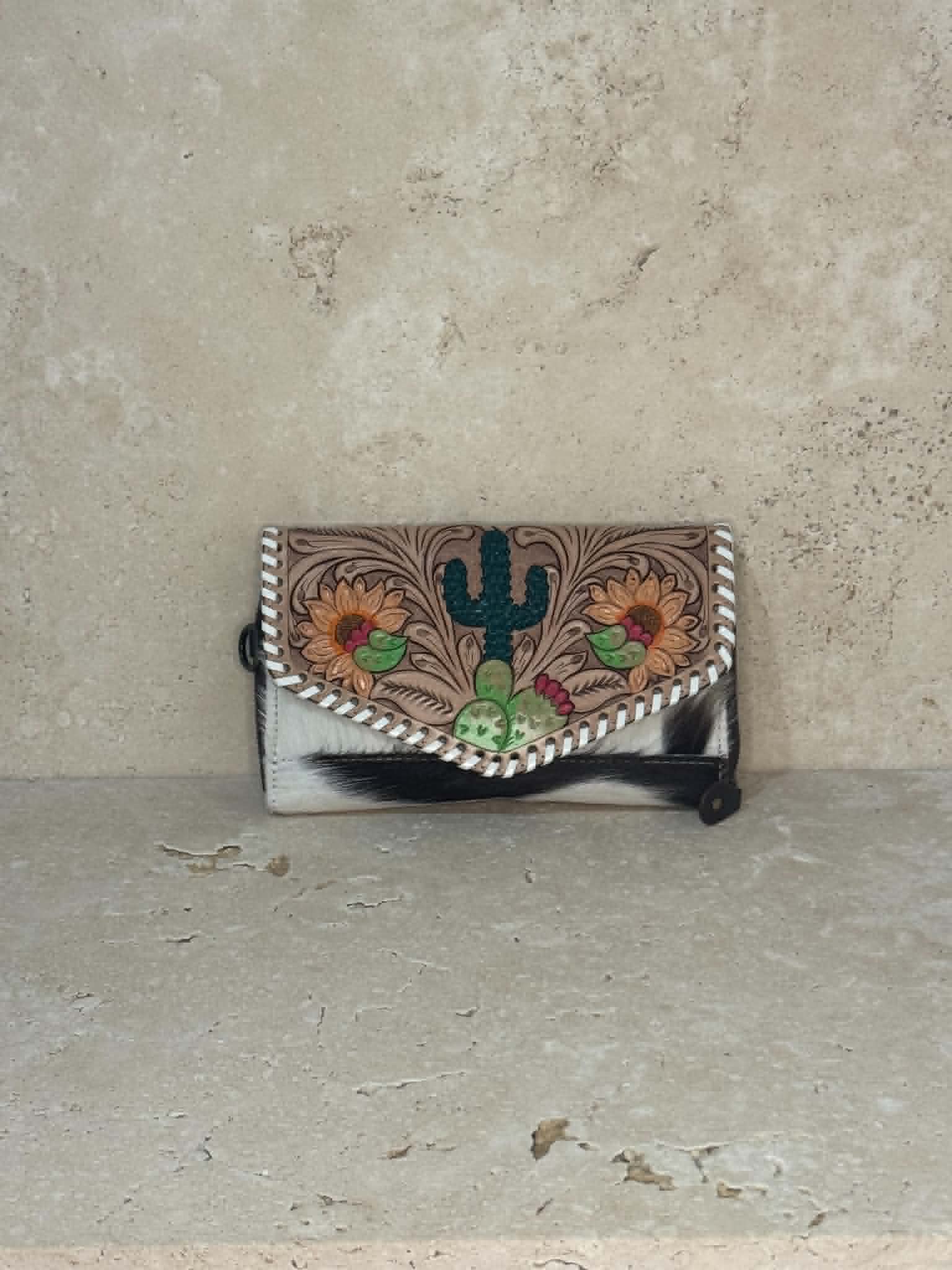 Floral Tooled Handbag With Catus Centre Piece And White Stitch