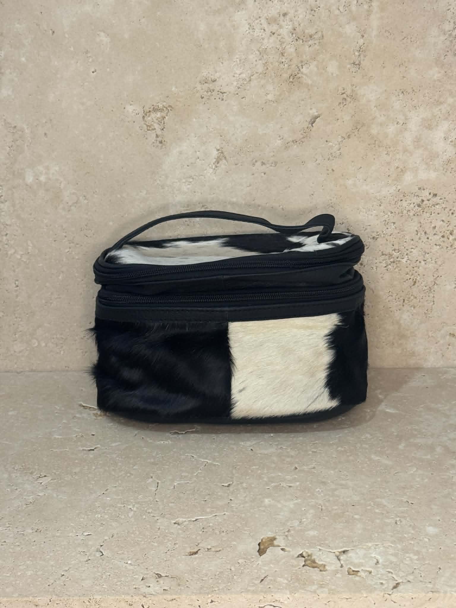 Black And White Cowhide Dual Compartments Toiletry Bag