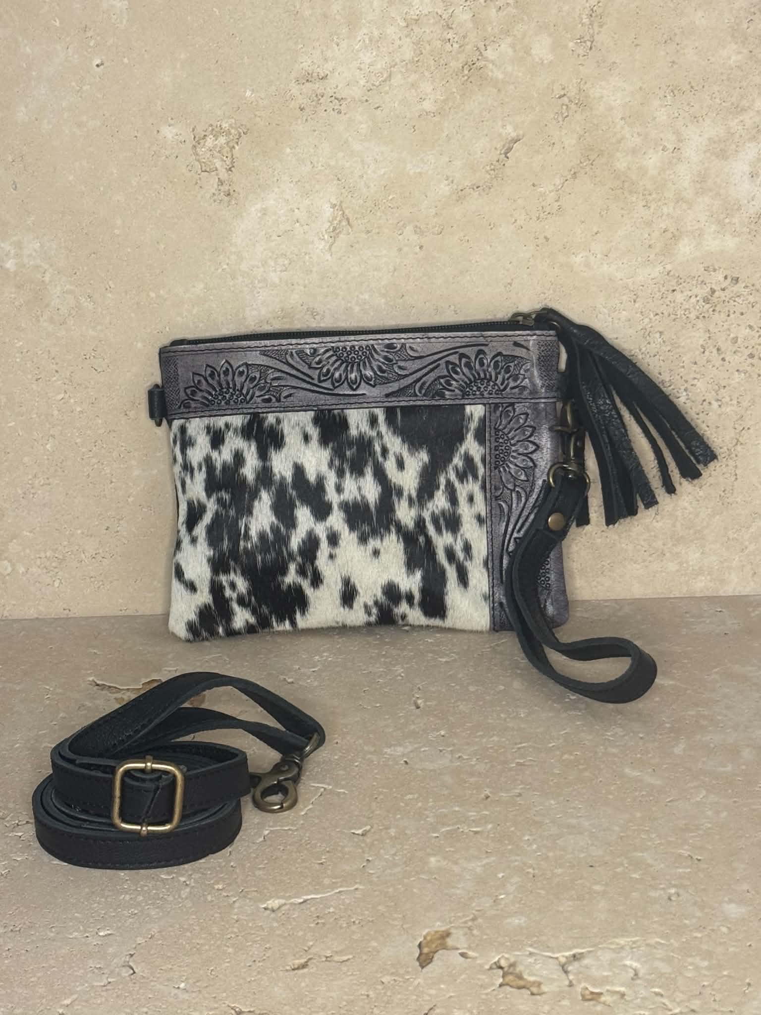 Black And White Cowhide Floral Tooled Leather Handbag
