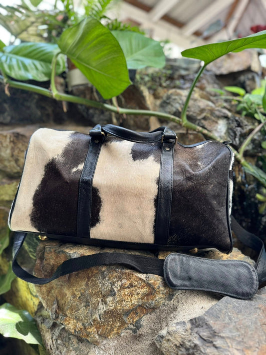 Black and White Cowhide Leather Large Travel Bag
