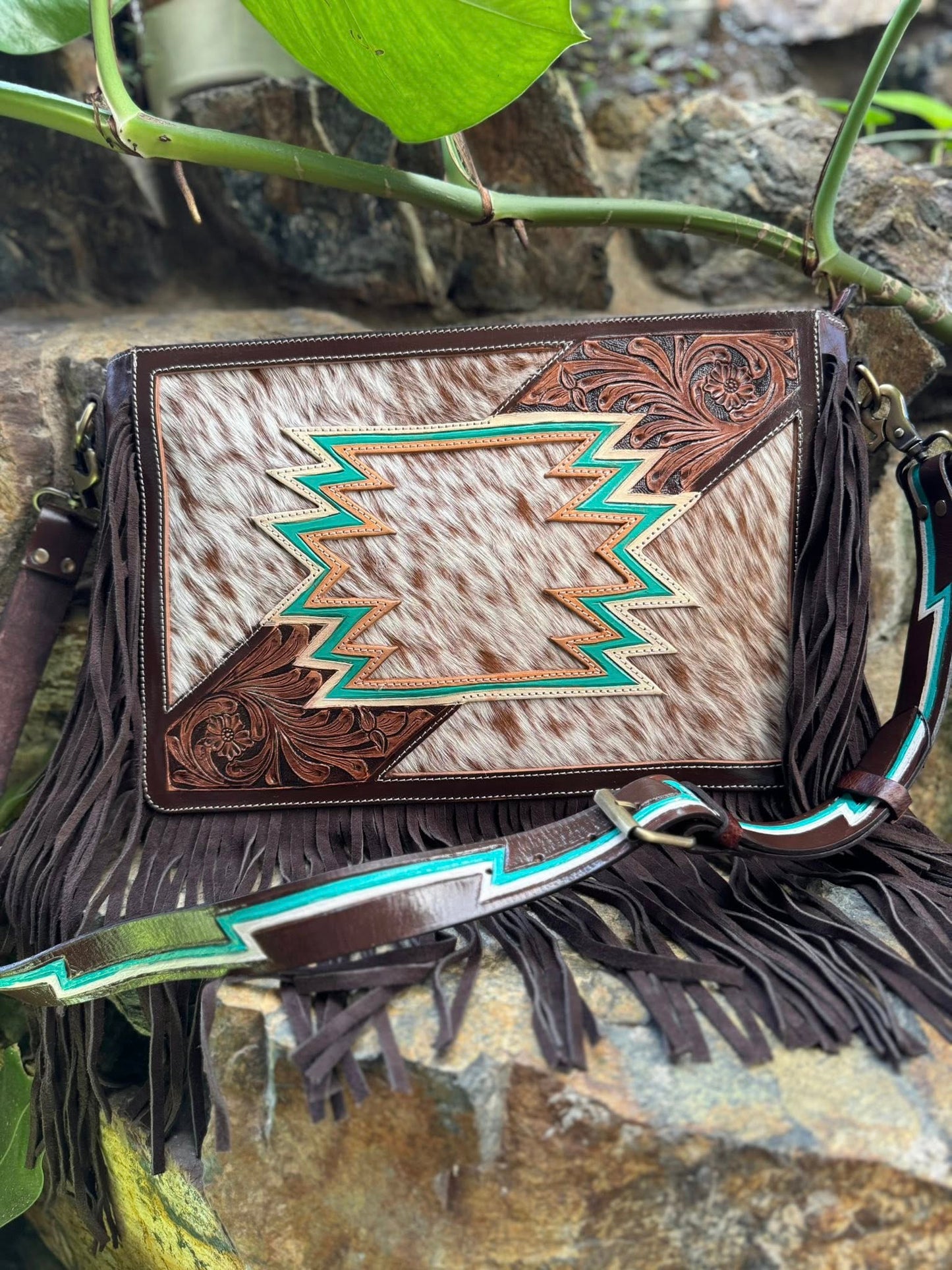 Large Brown & White Cowhide and Tooled Leather Bag with tassels