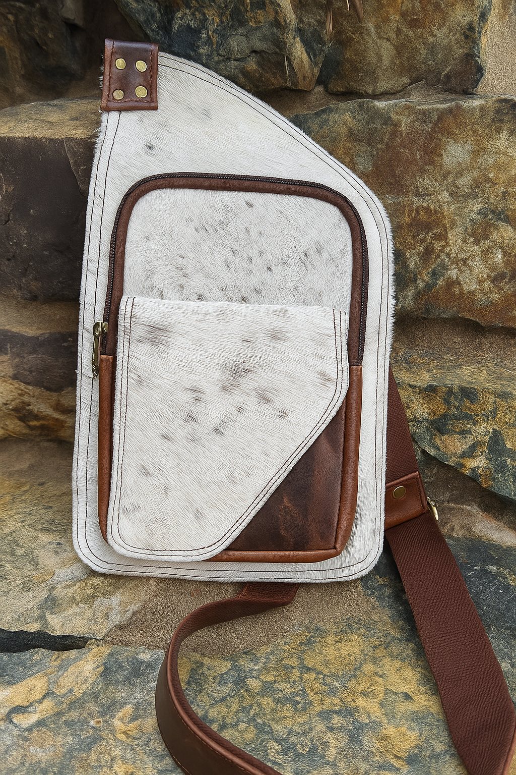 Brown and White Cowhide Cross Body Bag