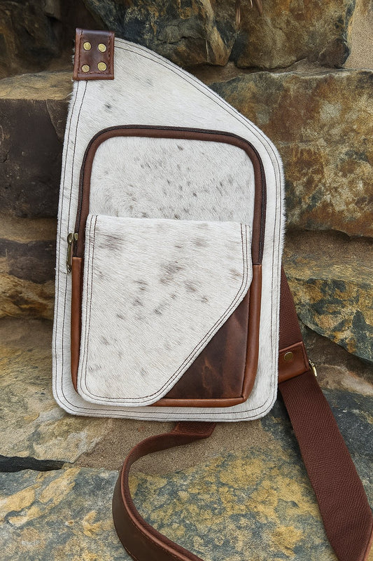 Brown and White Cowhide Cross Body Bag