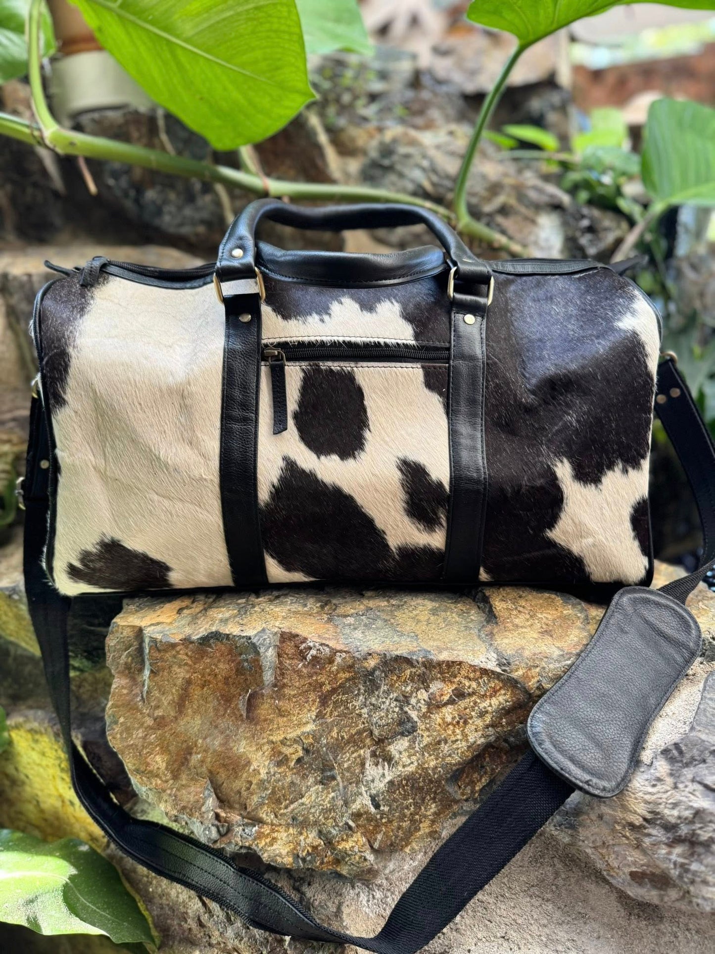 Black and White Cowhide Leather Large Travel Bag