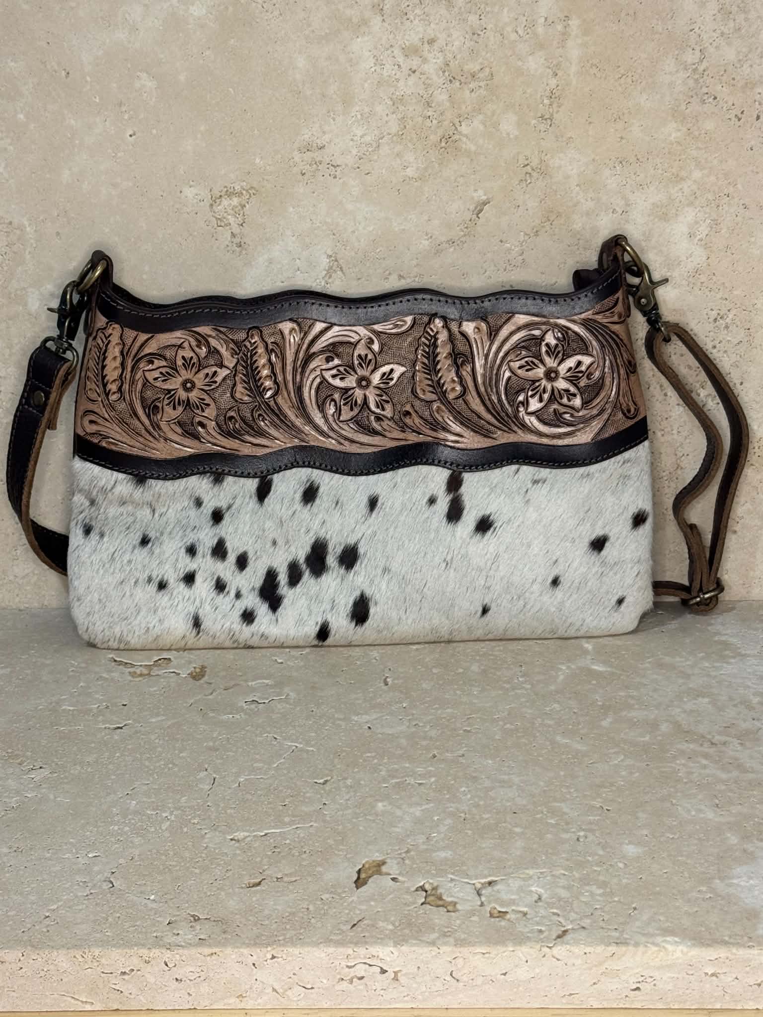 White Speckled Cowhide With Floral Tooling