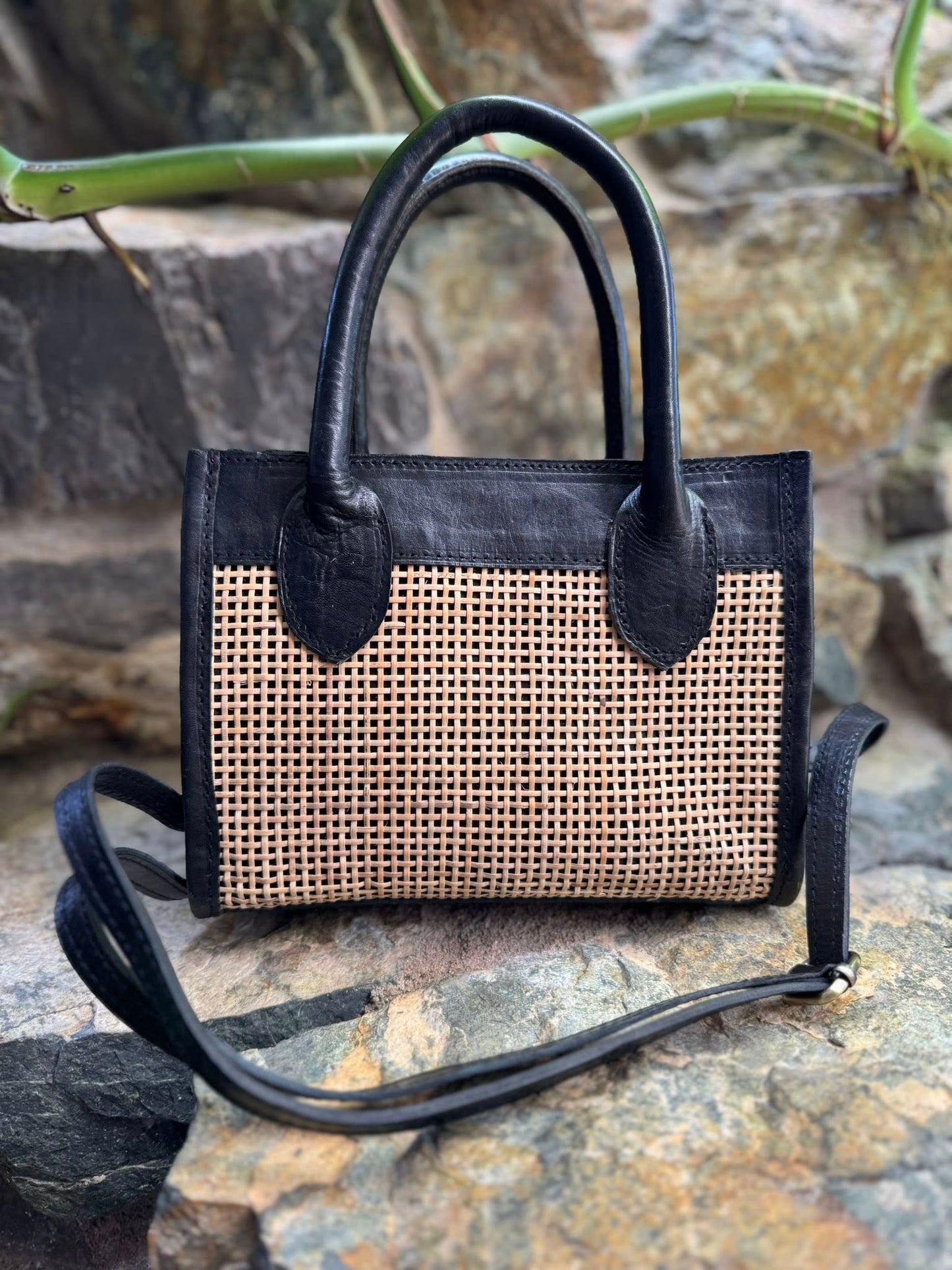 Black Rattan Tote Handbag