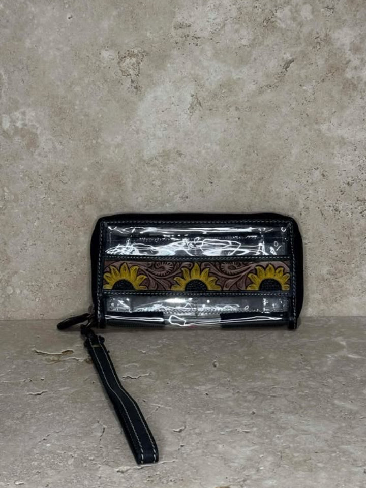 Clear Purse With Tooled Sunflower Leather Strip