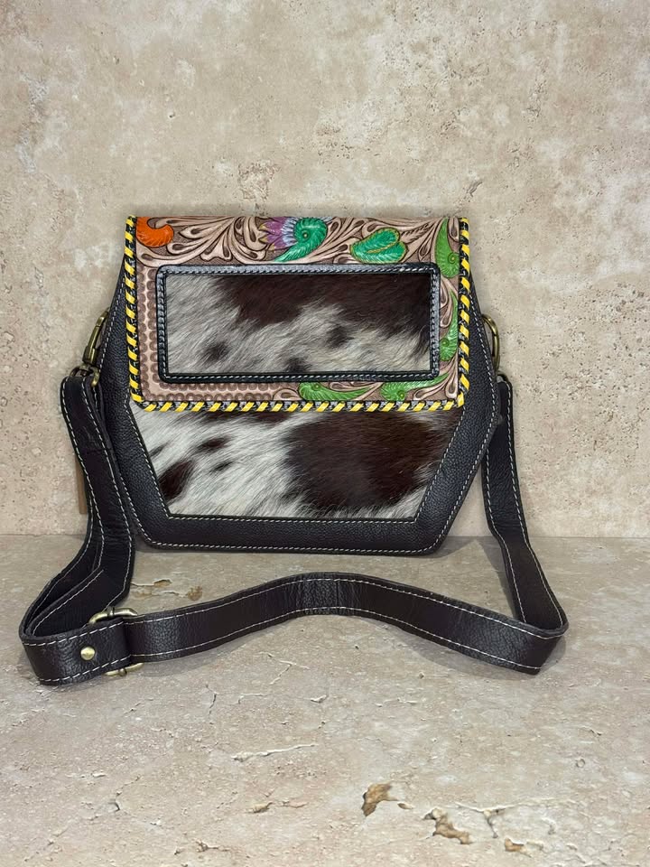 Medium Geometric Brown & White Cowhide and Tooled Leather Hand Bag