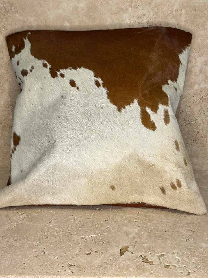Brown and White Patchwork Cowhide Cushion Cover