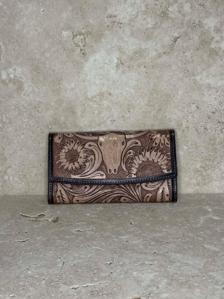 Cow Skull Tooled Leather Purse