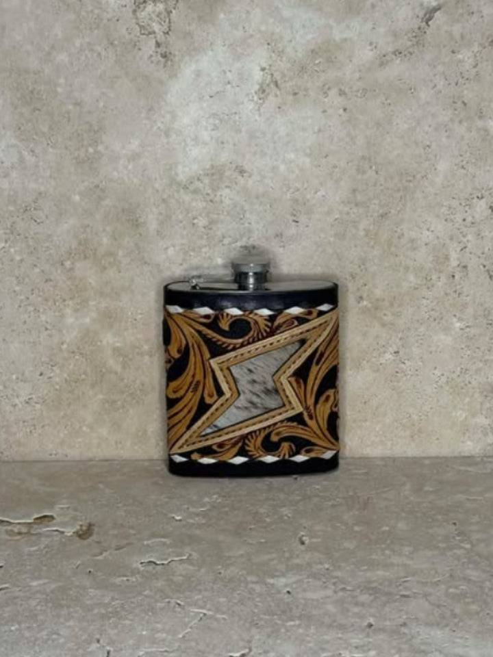 Salt and Pepper Cowhide Lighting Bolt With Tooled Floral Flask Holder and Flask
