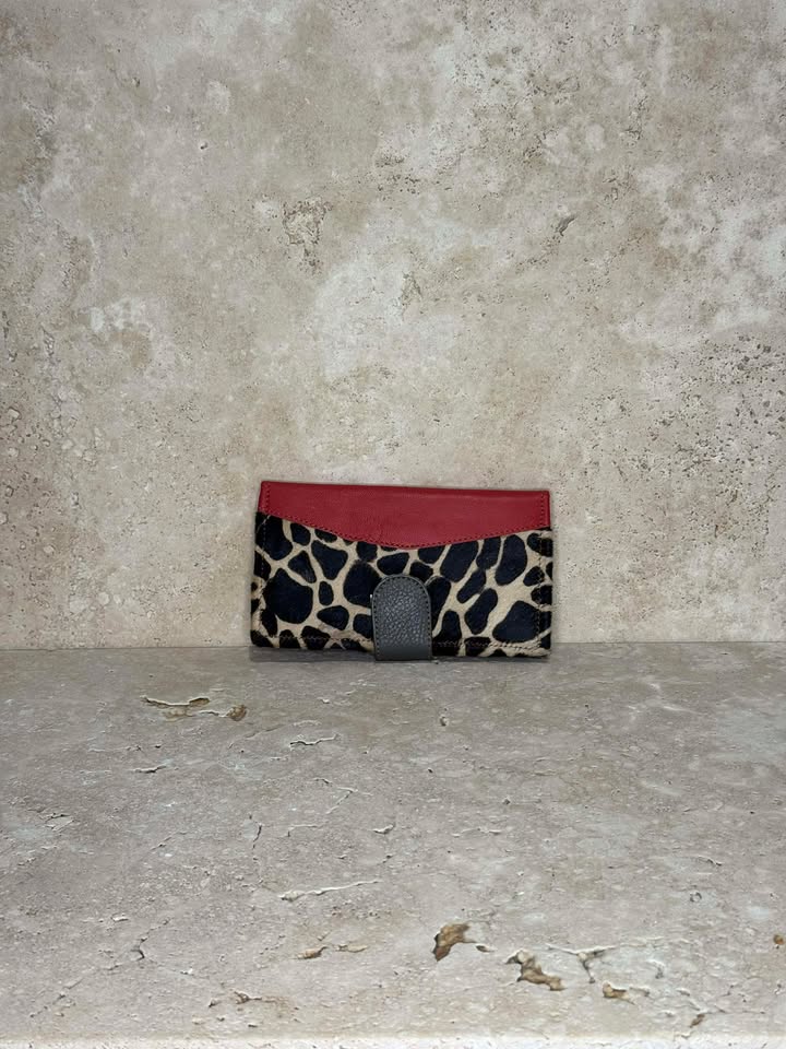 Animal Print Cowhide and Leather Clutch Brown and Blue