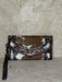 Brown & White Tooled Cowhide Leather Clutch with Wrist Strap