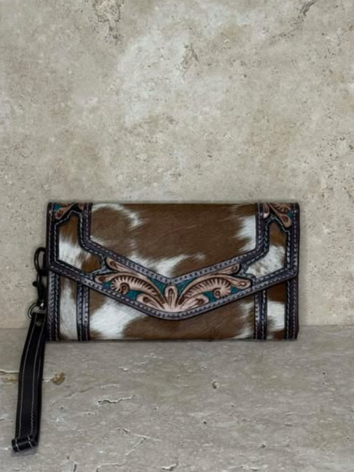 Brown & White Tooled Cowhide Leather Clutch with Wrist Strap