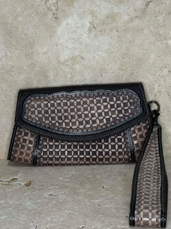 Turquoise Tooled Leather Clutch with Wrist Strap