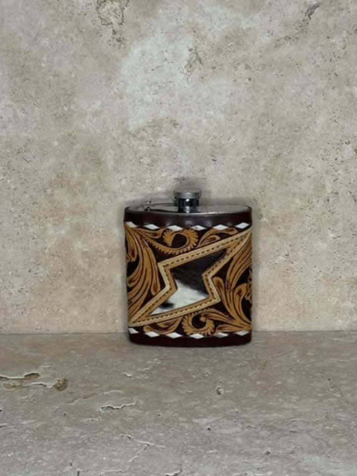 Brown And White Cowhide Lighting Bolt With Tooled Floral Flask Holder and Flask