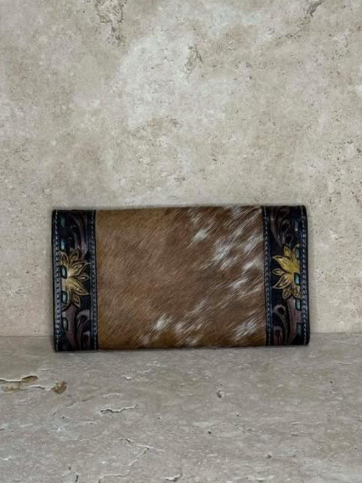 Turquoise Sunflower Tooled Brown & White Cowhide Leather Purse