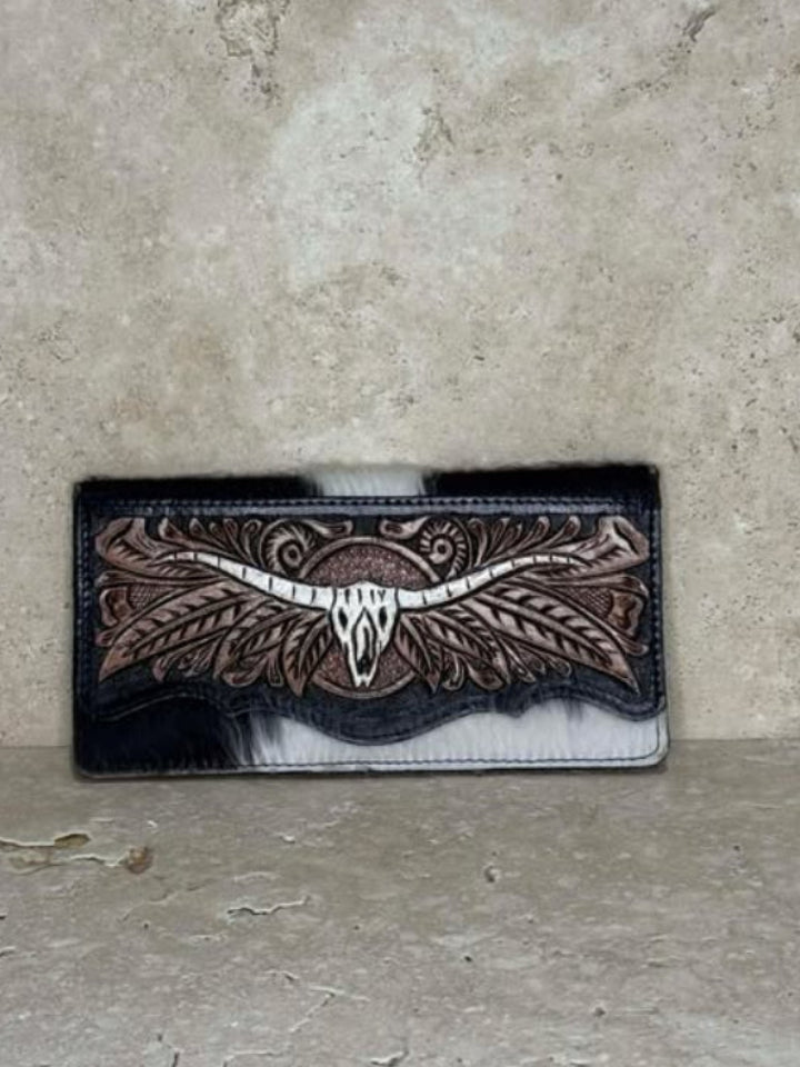 Tooled Leather Cow Skull Cowhide Wallet