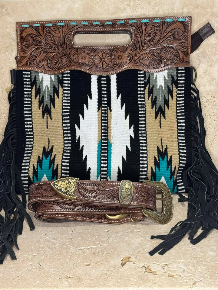 Aztec Saddle Blanket Hand Bag with Tooling