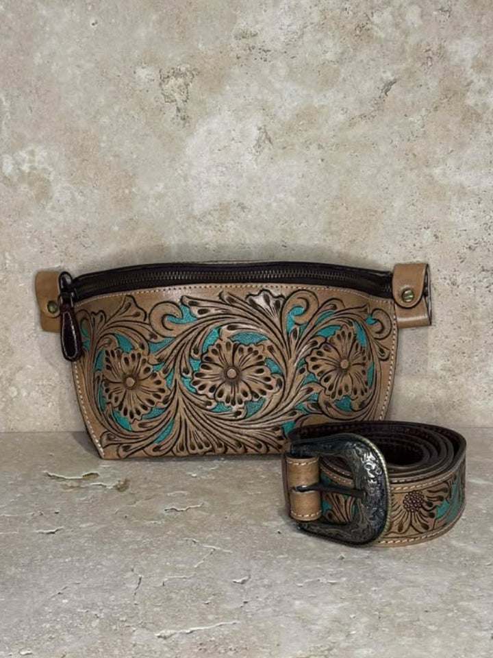 Floral Tooled Bum Bag With A Splash Of Blue