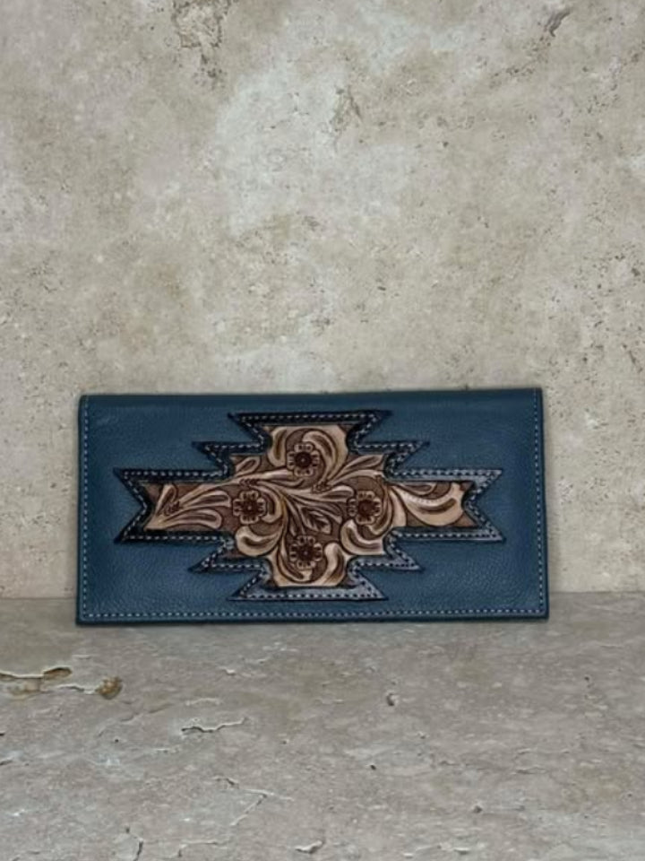 Geometric Tooled Grey Leather Purse