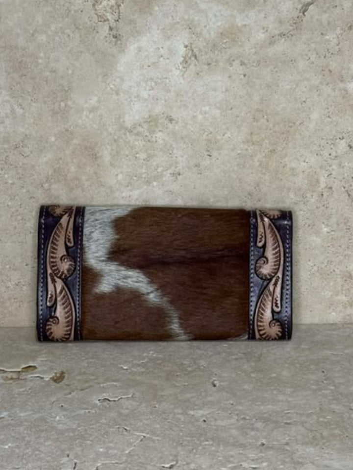 Tooled Brown & White Cowhide Leather Purse