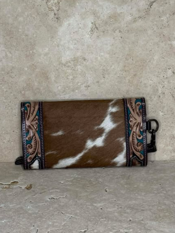 Brown & White Tooled Cowhide Leather Clutch with Wrist Strap