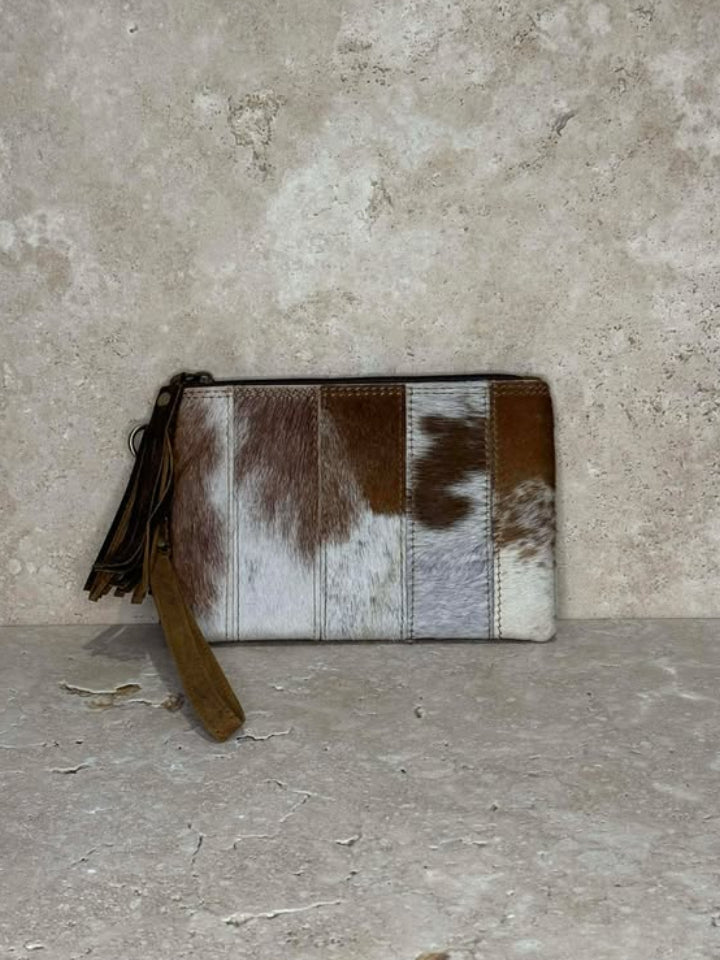 Cowhide Leather Satchel Clutch with Wrist Strap
