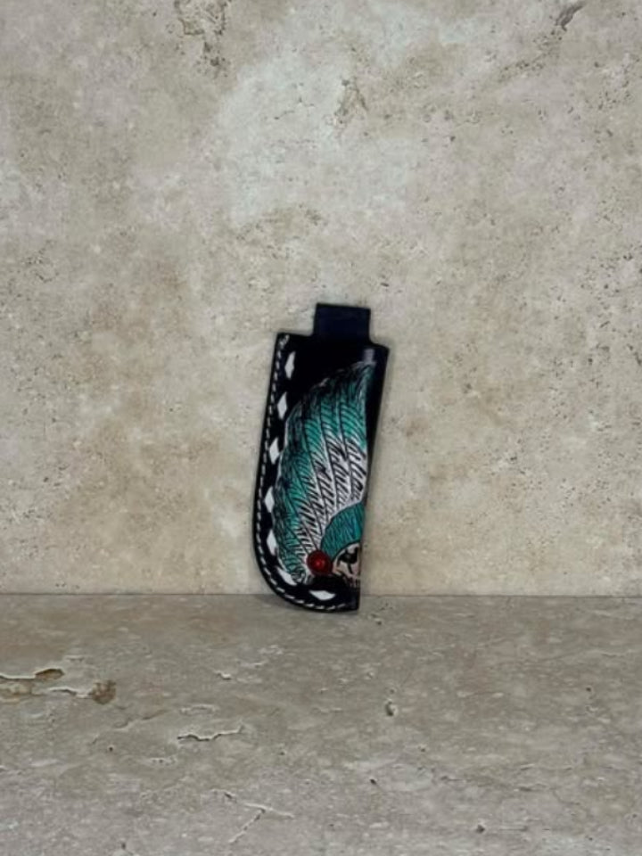 Indian Head Skull Tooled Pocket Knife Holder
