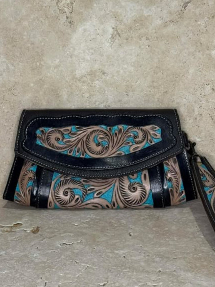 Turquoise Tooled Leather Clutch with Wrist Strap