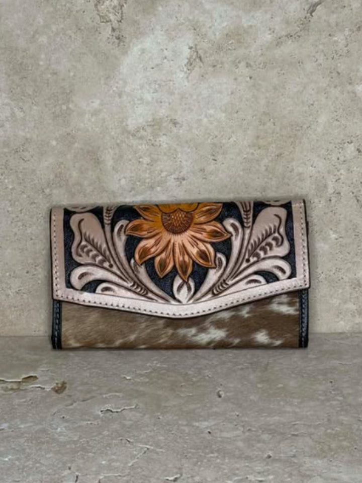 Sunflower Tooled & Cowhide Leather Clutch