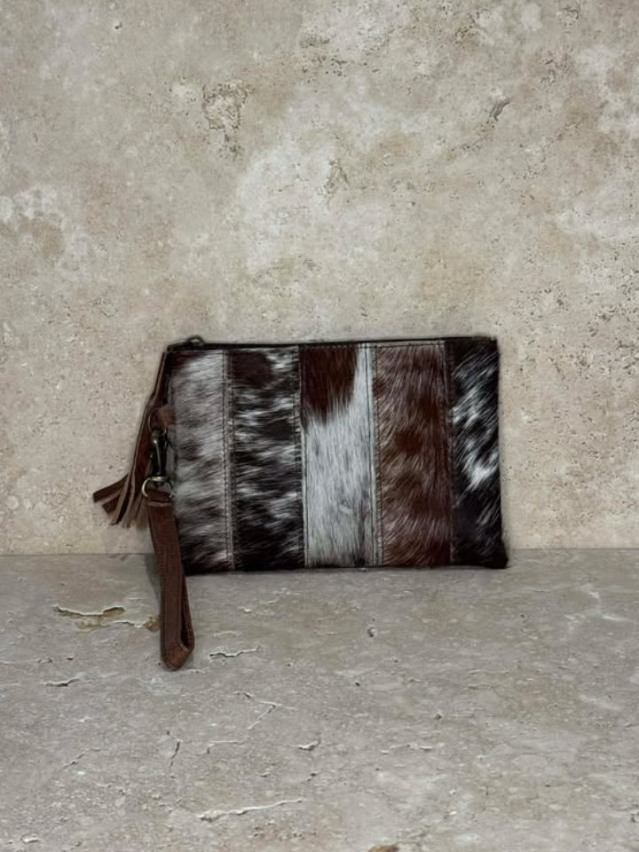 Cowhide Leather Satchel Clutch with Wrist Strap
