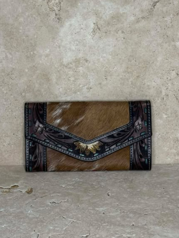 Turquoise Sunflower Tooled Brown & White Cowhide Leather Purse