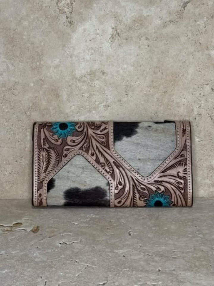 Turquoise Geometric Tooled Black & White Cowhide Leather Clutch