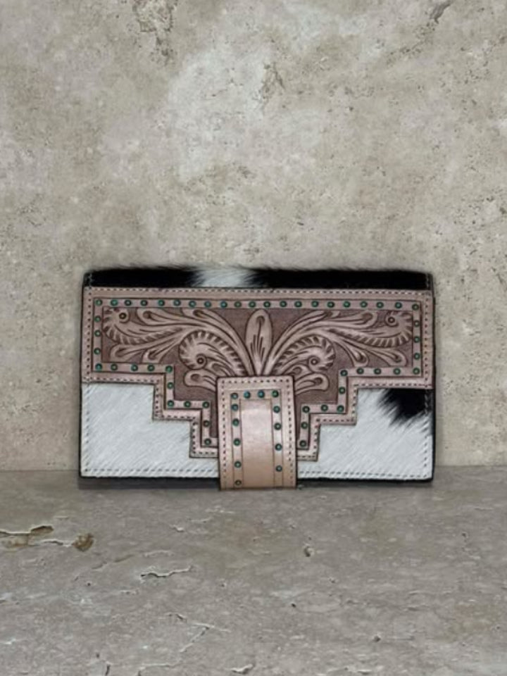 Geometric Tooled Black & White Cowhide Leather Purse